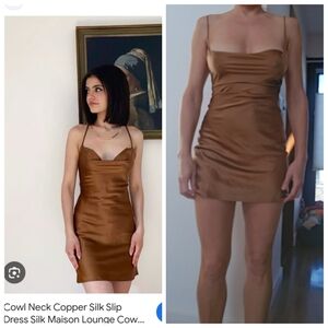 Nwt Silk Maison Silk Bronze Cowl Neck Lace Up Snatched Slip Dress s